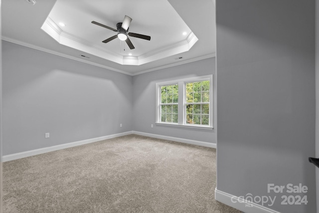 carpeted spare room featuring ceiling fan, ornamental molding, and a tray ceiling