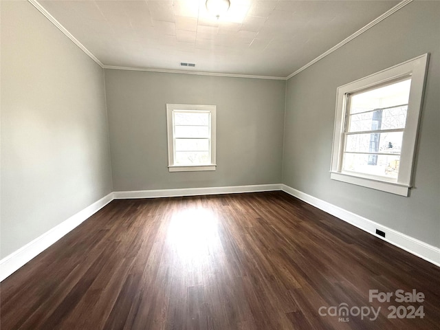 spare room with crown molding and dark wood-type flooring