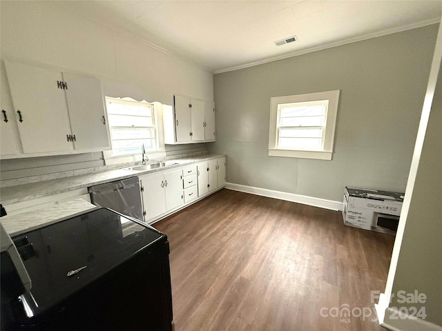 kitchen with stainless steel dishwasher, ornamental molding, sink, white cabinets, and dark hardwood / wood-style floors