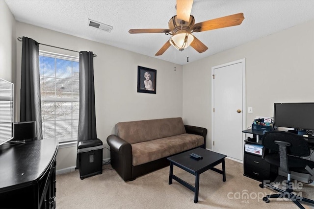 carpeted office space featuring ceiling fan, plenty of natural light, and a textured ceiling