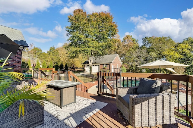 wooden deck featuring an outdoor structure