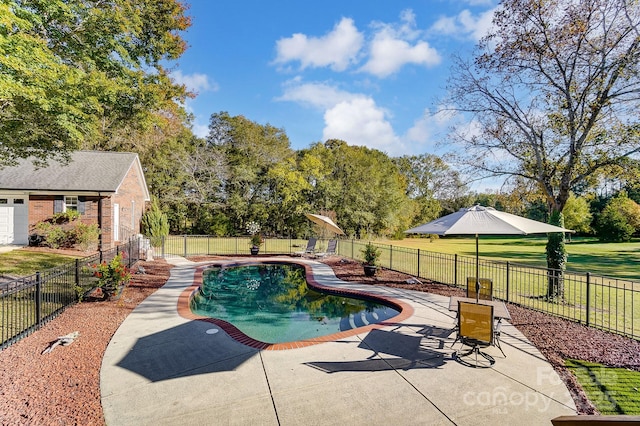 view of swimming pool with a yard and a patio