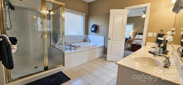 bathroom with vanity, separate shower and tub, tile patterned floors, and ceiling fan