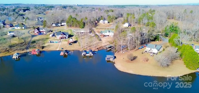 birds eye view of property featuring a water view and a view of trees