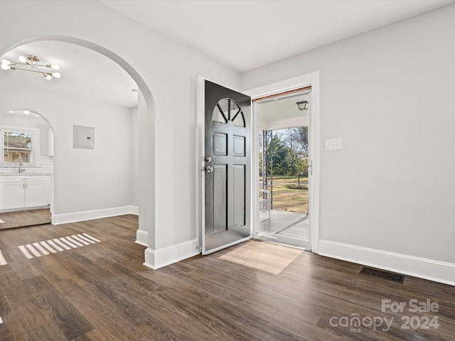 foyer with dark wood-type flooring, a chandelier, sink, and a healthy amount of sunlight