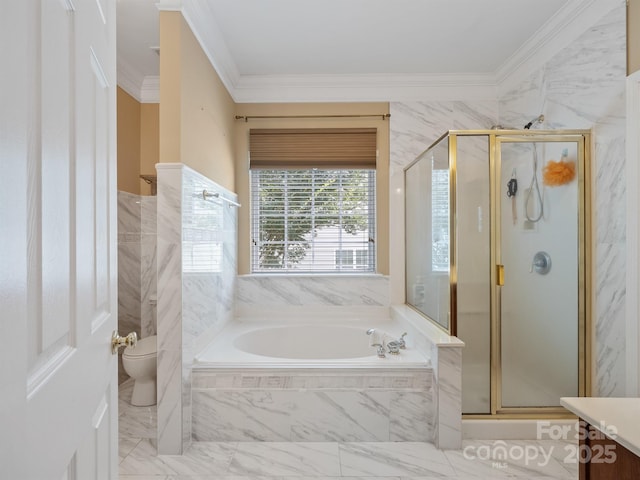 9903 Southampton Commons Dr, Charlotte, NC 28277 - bathroom with a bath, ornamental molding, a shower stall, vanity, and marble finish floors