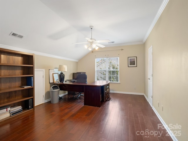 9903 Southampton Commons Dr, Charlotte, NC 28277 - office with a ceiling fan, dark wood-style floors, crown molding, and vaulted ceiling