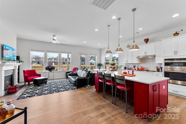 kitchen featuring under cabinet range hood, stainless steel appliances, visible vents, a lit fireplace, and tasteful backsplash