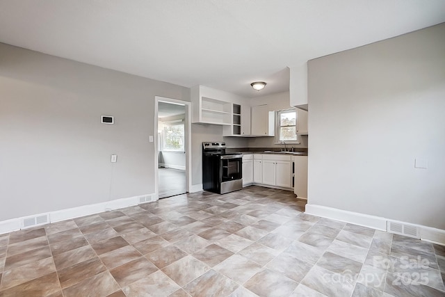 kitchen featuring white cabinets, sink, and stainless steel electric stove