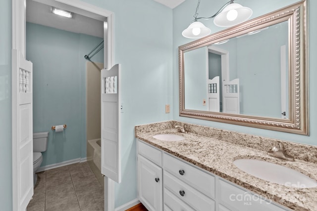 full bathroom with bathtub / shower combination, vanity, toilet, and tile patterned flooring