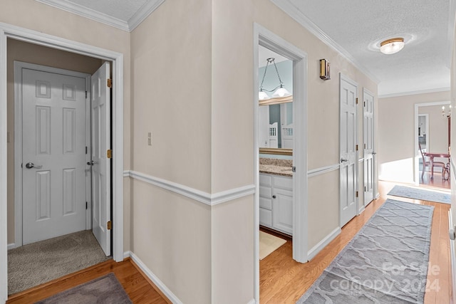 corridor with crown molding, light hardwood / wood-style flooring, and a textured ceiling