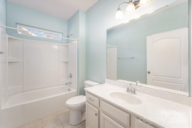 full bathroom with tub / shower combination, toilet, tile patterned flooring, and vanity