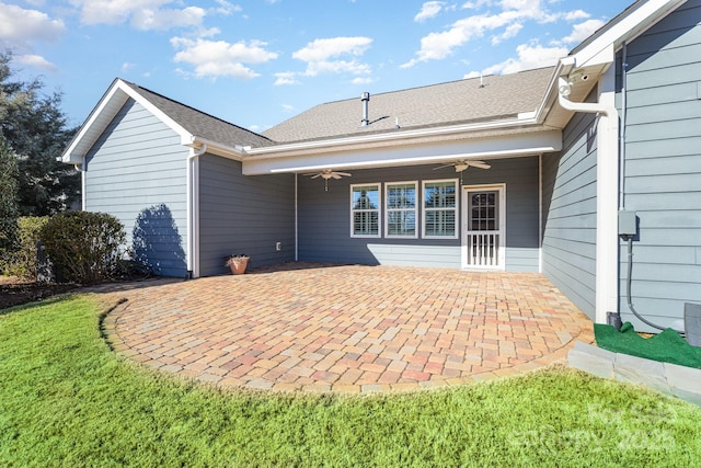 exterior space featuring ceiling fan