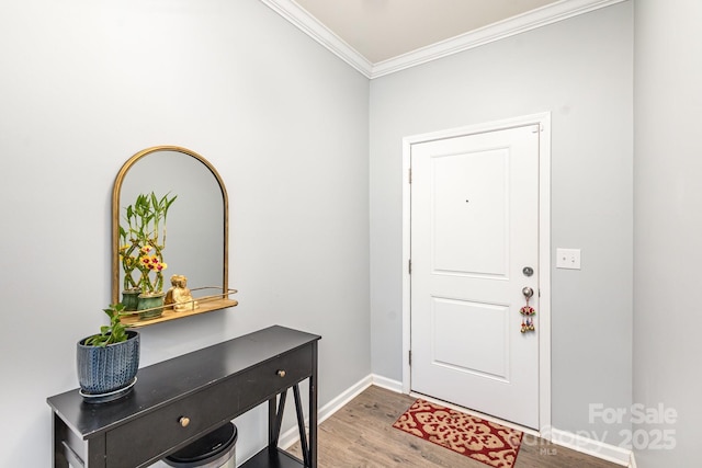 foyer entrance with crown molding and wood-type flooring