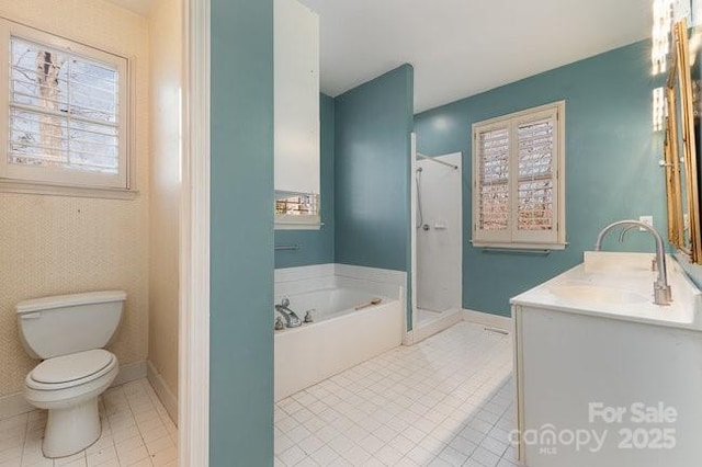 bathroom with vanity, toilet, plenty of natural light, and a tub to relax in