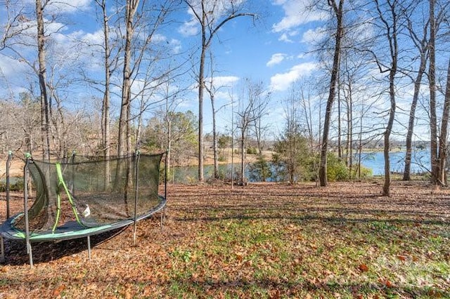 view of yard featuring a water view and a trampoline