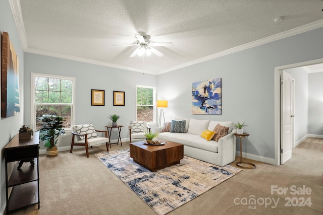 living room with carpet, a textured ceiling, and ornamental molding