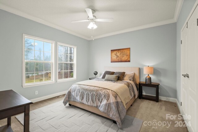 carpeted bedroom featuring ceiling fan, crown molding, and a closet