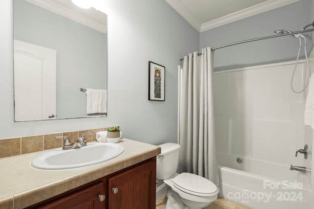 full bathroom featuring crown molding, vanity, shower / bath combination with curtain, and toilet