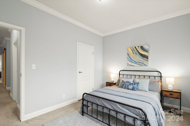 bedroom with light colored carpet, ornamental molding, and a textured ceiling