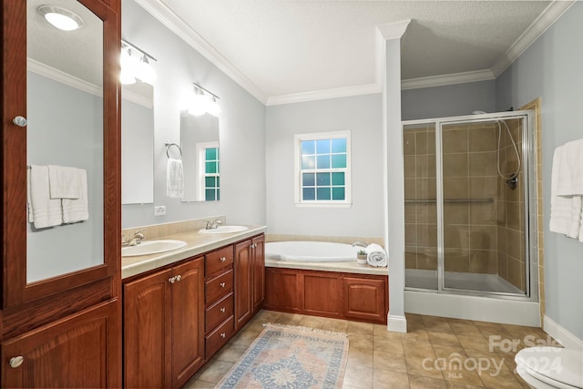 full bathroom with tile patterned floors, crown molding, a textured ceiling, and shower with separate bathtub