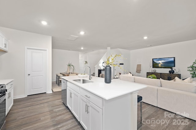 kitchen featuring an island with sink, sink, hardwood / wood-style floors, and white cabinets