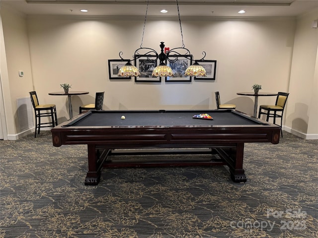 recreation room with carpet floors, baseboards, visible vents, and pool table