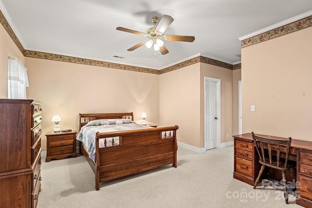 bedroom featuring light colored carpet, ceiling fan, and crown molding