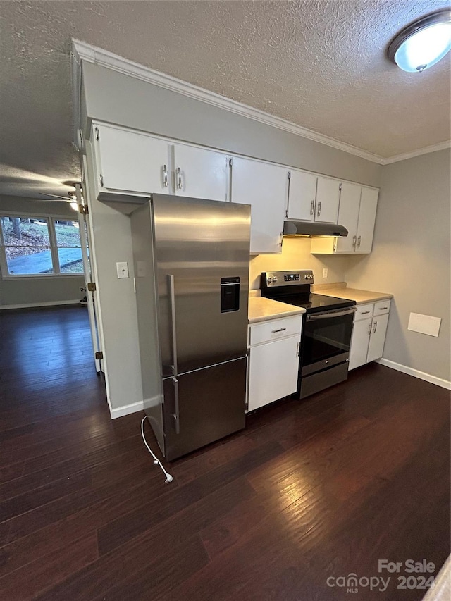 kitchen featuring a textured ceiling, stainless steel appliances, white cabinetry, and dark hardwood / wood-style floors