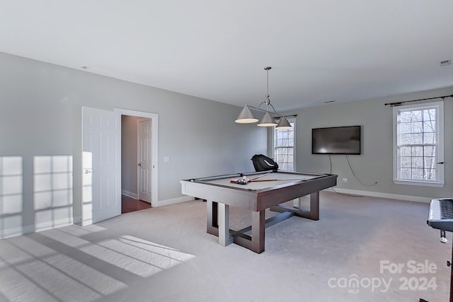 recreation room with light carpet, a healthy amount of sunlight, and pool table