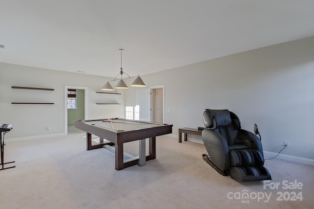 playroom with light colored carpet and billiards