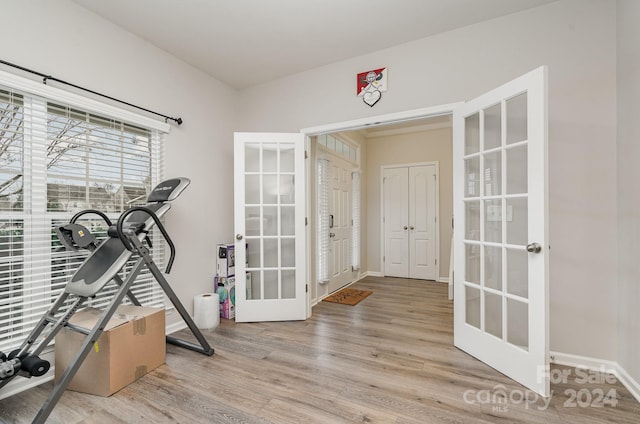 workout room with french doors and light wood-type flooring