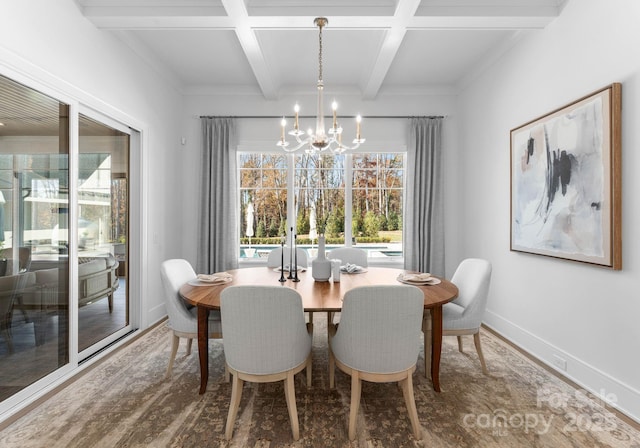 dining area featuring beamed ceiling, coffered ceiling, hardwood / wood-style floors, and a chandelier