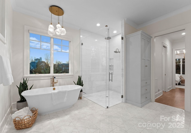 bathroom with ornamental molding, plus walk in shower, and a chandelier