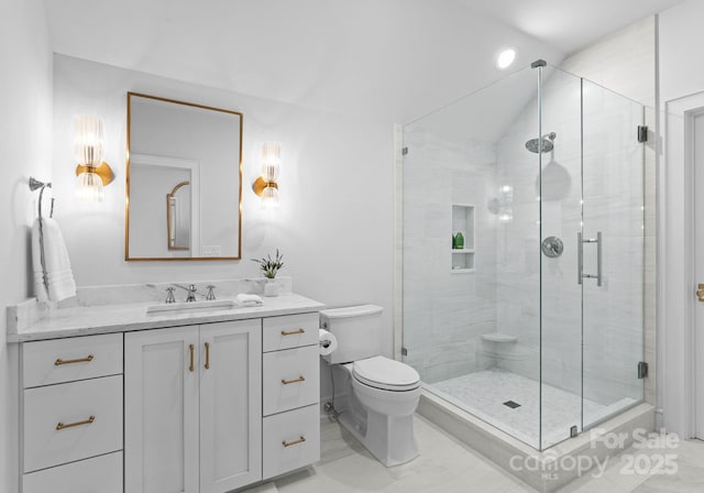 bathroom featuring vanity, lofted ceiling, toilet, and walk in shower