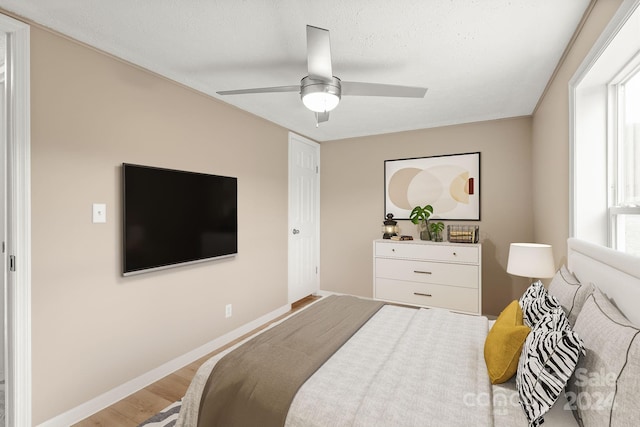 bedroom featuring light hardwood / wood-style flooring and ceiling fan