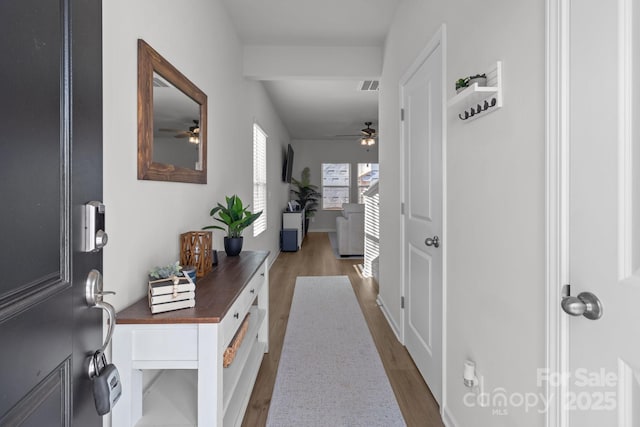 corridor with wood-type flooring