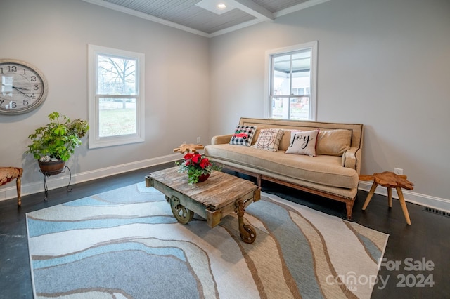 living room with crown molding, plenty of natural light, beamed ceiling, and dark wood-type flooring