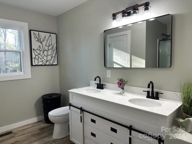 bathroom with hardwood / wood-style flooring, vanity, and toilet