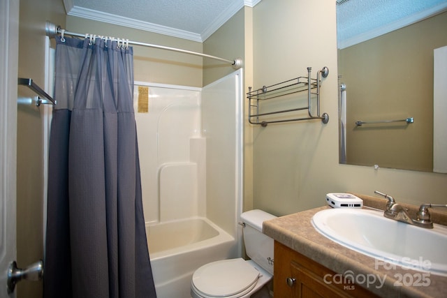 full bathroom featuring toilet, vanity, a textured ceiling, and shower / bath combo