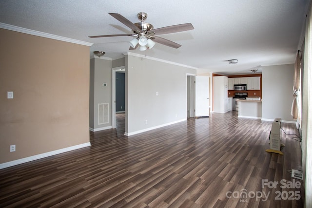 unfurnished living room featuring a textured ceiling, ceiling fan, dark hardwood / wood-style floors, and ornamental molding