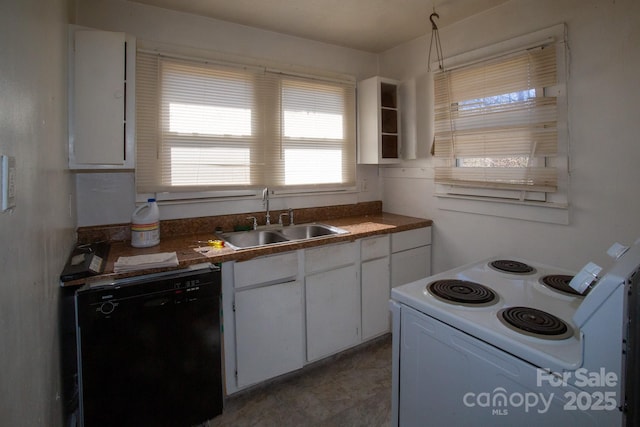 kitchen featuring a sink, dishwasher, white cabinets, and white range with electric cooktop