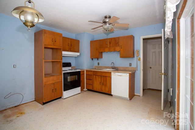 kitchen with sink, range with electric stovetop, dishwasher, and ceiling fan