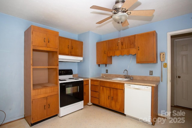 kitchen with sink, range with electric stovetop, dishwasher, and ceiling fan