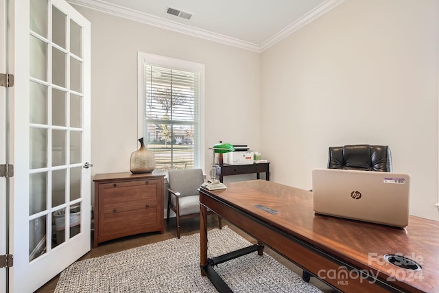 office area with wood-type flooring and ornamental molding