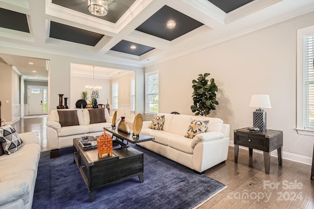 living room featuring coffered ceiling, crown molding, beam ceiling, a notable chandelier, and dark hardwood / wood-style floors