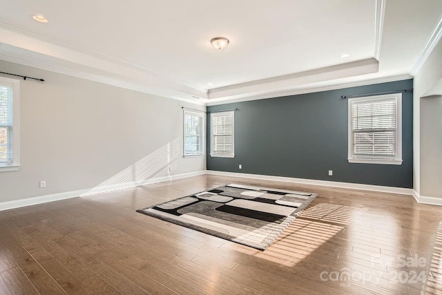 spare room featuring wood-type flooring, ornamental molding, and a tray ceiling