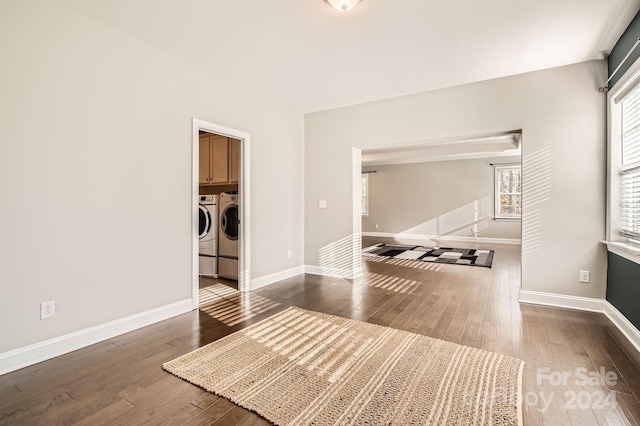 spare room with separate washer and dryer and dark wood-type flooring