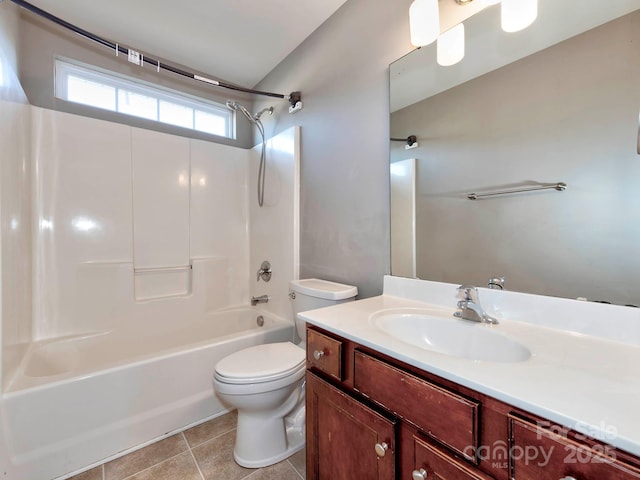 full bathroom with vanity,  shower combination, toilet, and tile patterned flooring