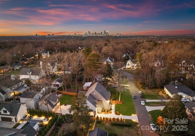 view of aerial view at dusk